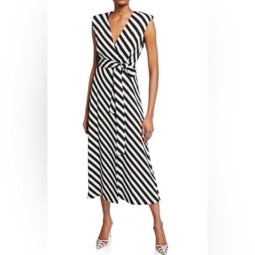 Dries Van Noten striped wrap cocktail gown Midi Black White EU 44 US 12